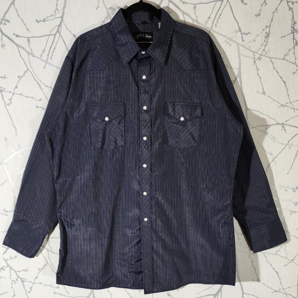 White Horse Purple Blue Striped Pearl Snap Western Shirt